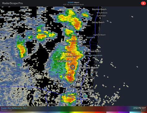 Pompano doppler radar - Base Reflectivity Doppler Radar loop for Pompano Beach FL, providing current animated map of storm severity from precipitation levels. View other Pompano Beach FL radar models including Long Range, Composite, Storm Motion, Base Velocity, 1 Hour Total, and Storm Total; with the option of viewing static radar images in dBZ and Vcp …